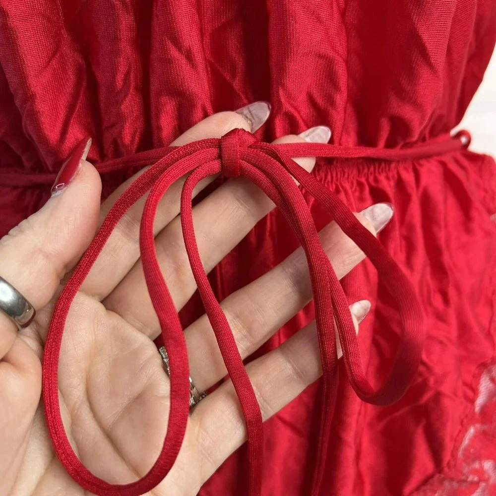 Vintage 70s‎ 80s Teddy One Piece Red Lace Satin Romper Lingerie High Cut Booty M